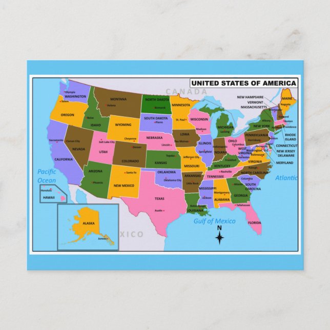 Cartão Postal Mapa ANTIGO dos EUA com Capitais do Estado e Golfo (Frente)