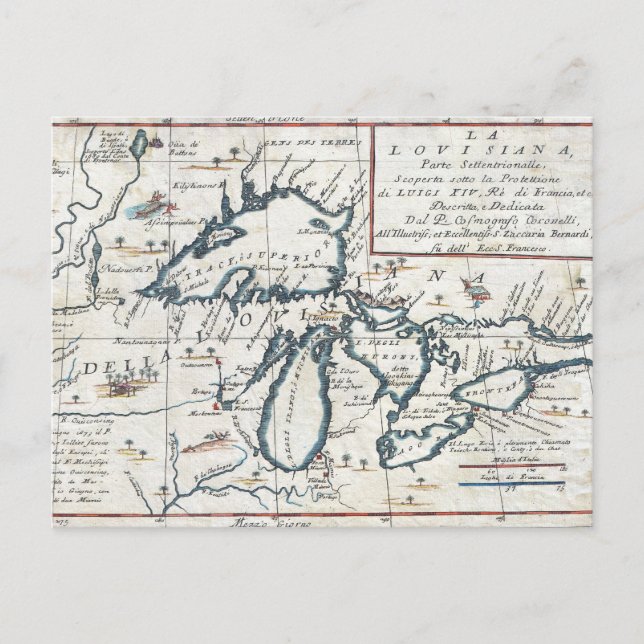 Cartão Postal Mapa Antigo dos Grandes Lagos, Século XVII (Frente)