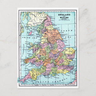 Cartão Postal Mapa Antigo - Inglaterra & País de Gales
