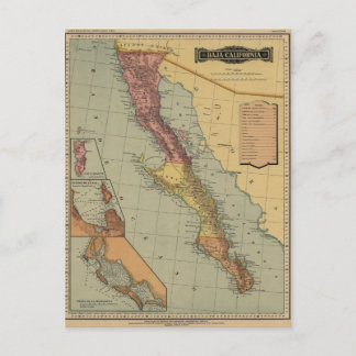 Cartão Postal Mapa Antiquado da Califórnia Baja