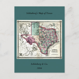 Cartão Postal Mapa Antiquário do Texas, de 1866, por Schönberg &