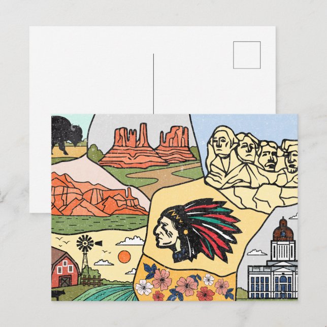Cartão Postal Mapa Badlands Mt Rushmore Black Hills Dakota do Su (Frente/Verso)