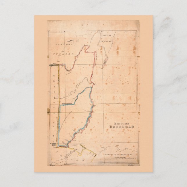 Cartão Postal Mapa britânico das Honduras (Belize) cerca de 1867 (Frente)