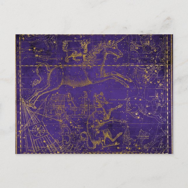 Cartão Postal Mapa Celestial do Unicórnio Mitológico Roxo e Dour (Frente)