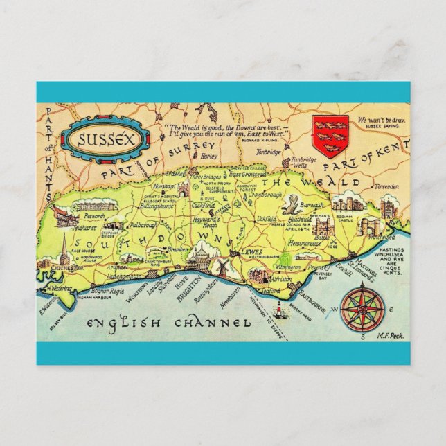 Cartão Postal Mapa coloridamente ilustrado de Sussex England (Frente)