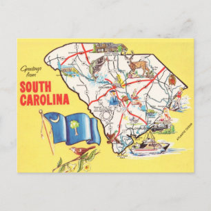 Cartão Postal Mapa Colorido Antigo da Carolina do Sul