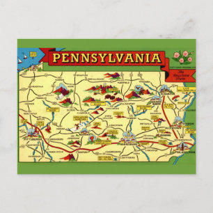 Cartão Postal Mapa Colorido Antigo da Pensilvânia 
