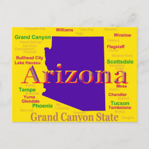 Cartão Postal Mapa Colorido arizona, Estado do Grand Canyon