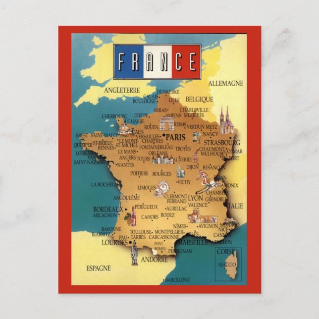 Cartão Postal Mapa Colorido da França (Frente)