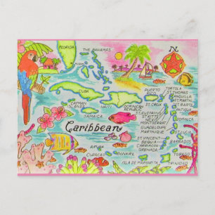 Cartão Postal Mapa Colorido das Ilhas do Caribe