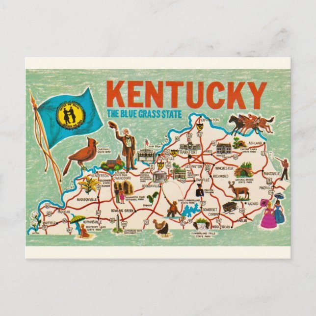 Cartão Postal Mapa Colorido de Kentucky Antigo  (Frente)