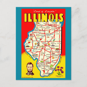 Cartão Postal Mapa Colorido Ilustrado Antigo de Illinois
