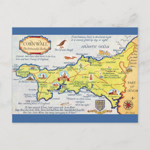 Cartão Postal Mapa Colorido Ilustrado da Cornualha Inglaterra