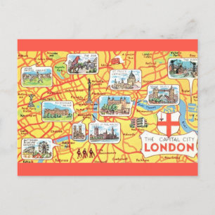 Cartão Postal Mapa Colorido Ilustrado de Londres Inglaterra