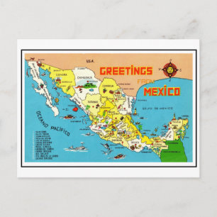 Cartão Postal Mapa Colorido Vintage do México 