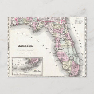 Cartão Postal Mapa Colton da Flórida em 1855