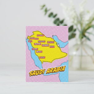 Cartão Postal Mapa da Arábia Saudita ilustrado com Pop Art