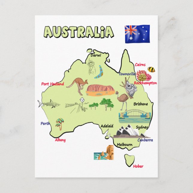 Cartão Postal mapa da Austrália com as principais cidades (Frente)