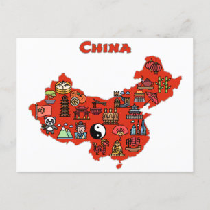 Cartão Postal mapa da China com ícones de destinos chineses