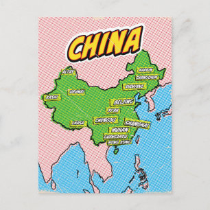 Cartão Postal Mapa da China ilustrado em Pop Art