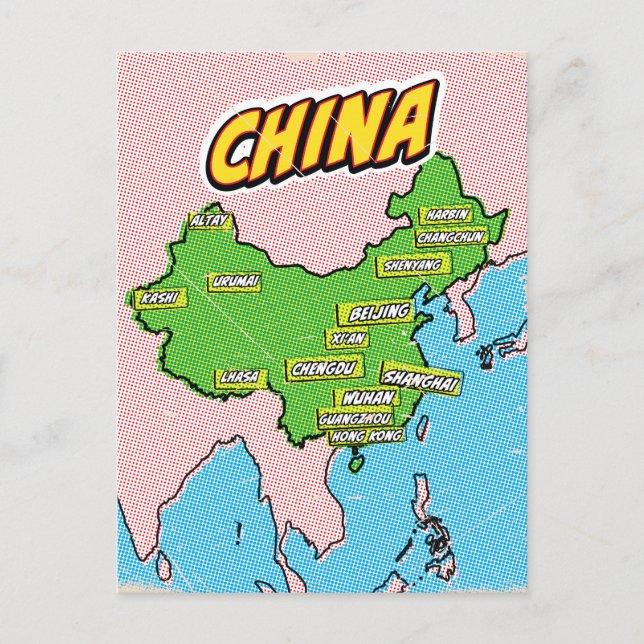 Cartão Postal Mapa da China ilustrado em Pop Art (Frente)