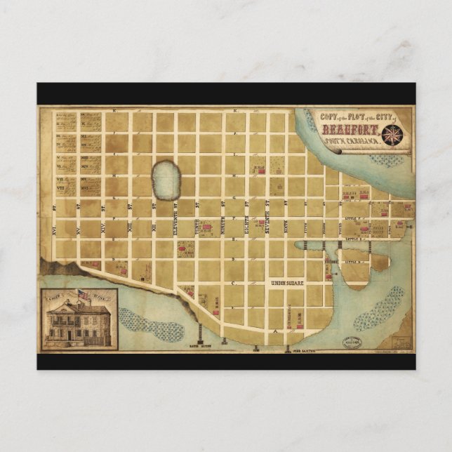 Cartão Postal Mapa da Cidade de Beaufort Carolina do Sul (1860) (Frente)