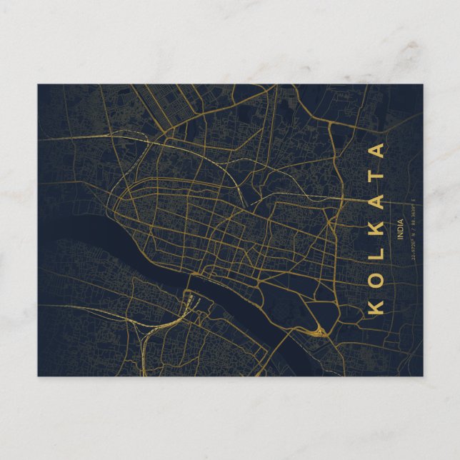 Cartão Postal Mapa da Cidade de Calcutá, Índia, Design Minimalis (Frente)