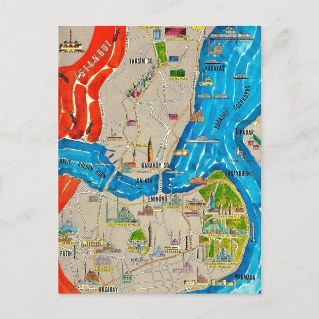Cartão Postal Mapa da Cidade de Istambul Postcard (Frente)