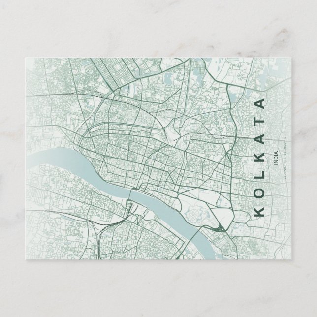 Cartão Postal Mapa da Cidade de Kolkata, Índia, Design Minimalis (Frente)