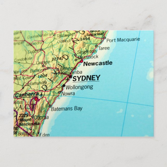 Cartão Postal Mapa da cidade de Sidney na Austrália (Frente)