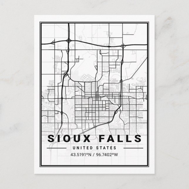 Cartão Postal Mapa da Cidade de Sioux Falls Dakota do Sul EUA (Frente)