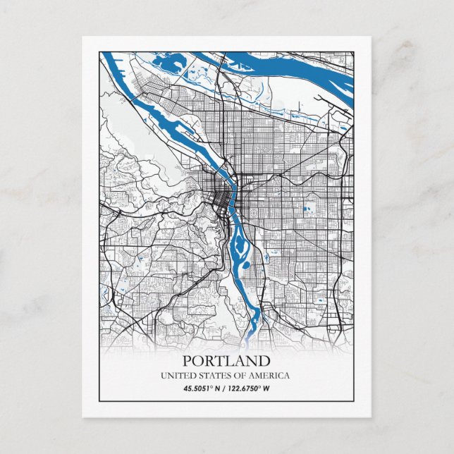 Cartão Postal Mapa da Cidade do Viagem, nos EUA, em Portland (Frente)