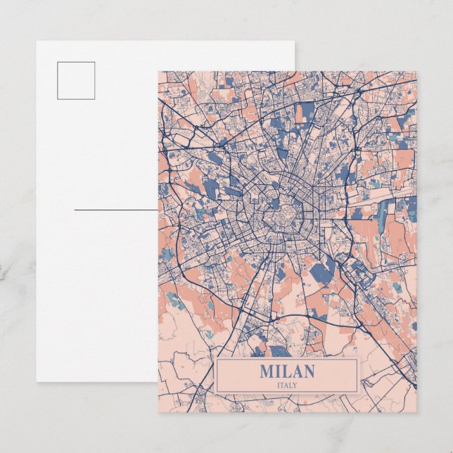 Cartão Postal Mapa da Cidade Ventilada de Milão Itália Viagem (Frente/Verso)