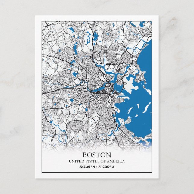 Cartão Postal Mapa da Cidade Viagem de Boston Massachusetts EUA (Frente)