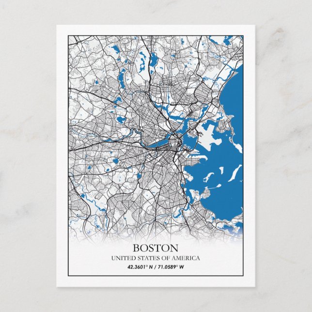 Cartão Postal Mapa da Cidade Viagem de Boston Massachusetts EUA (Frente)