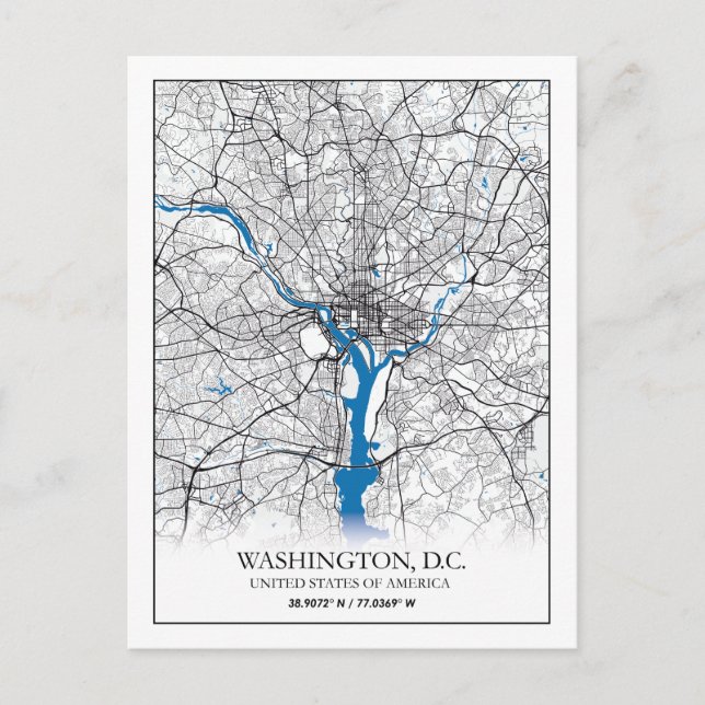 Cartão Postal Mapa da Cidade Viagem dos EUA em Washington DC (Frente)