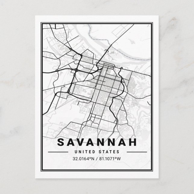 Cartão Postal Mapa da Cidade Viagem nos EUA de Savannah Georgia (Frente)