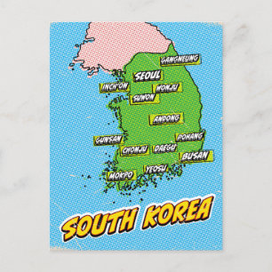 Cartão Postal Mapa da Coreia do Sul Ilustrado por pop Art