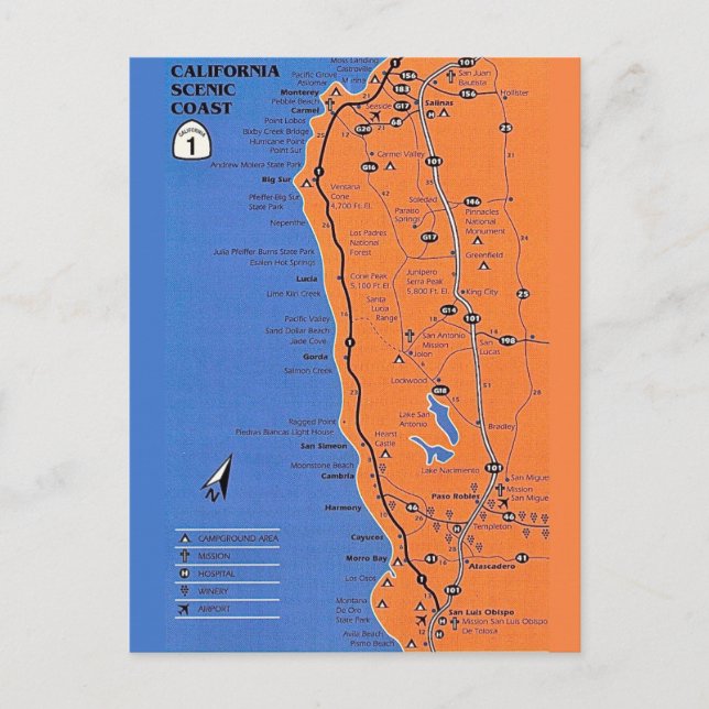 Cartão Postal Mapa da Costa da Califórnia Postcard (Frente)