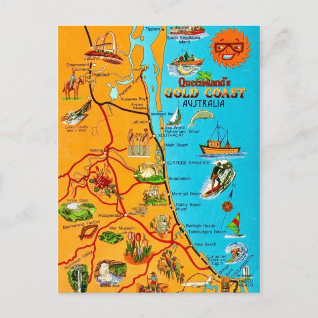 Cartão Postal Mapa da Costa de Queensland Austrália (Frente)