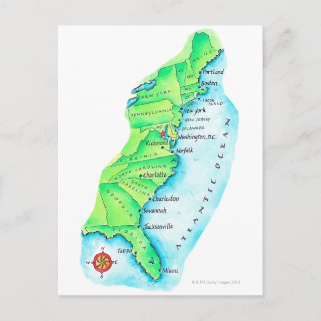 Cartão Postal Mapa da Costa Leste Americana (Frente)