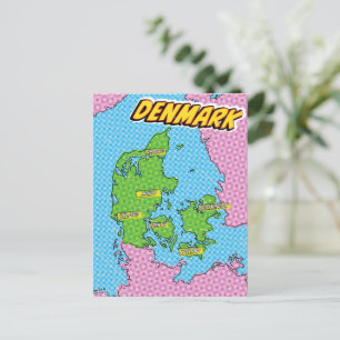 Cartão Postal Mapa da Dinamarca ilustrada por pop Art
