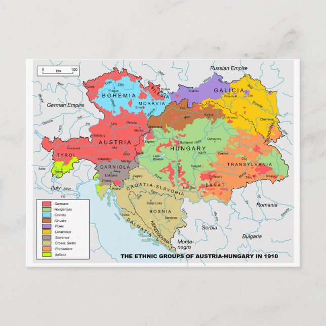 Cartão Postal Mapa da Diversidade Étnica Áustria-Hungria em 1910 (Frente)