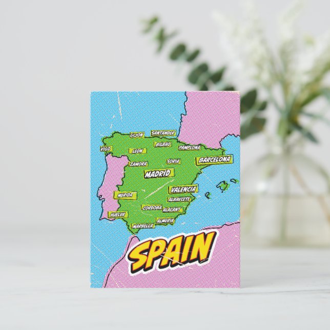 Cartão Postal Mapa da Espanha ilustrado em Pop Art (Em pé/Frente)