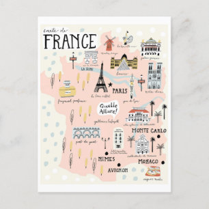 Cartão Postal Mapa da França com Destinos Turísticos