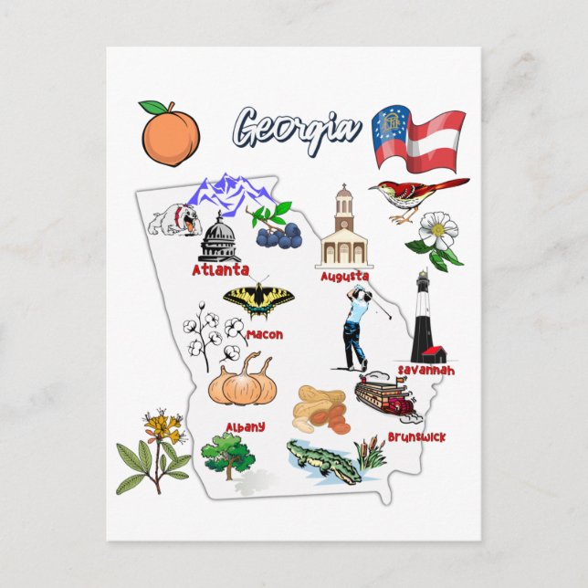 Cartão Postal Mapa da Geórgia com Destinos Turísticos (Frente)