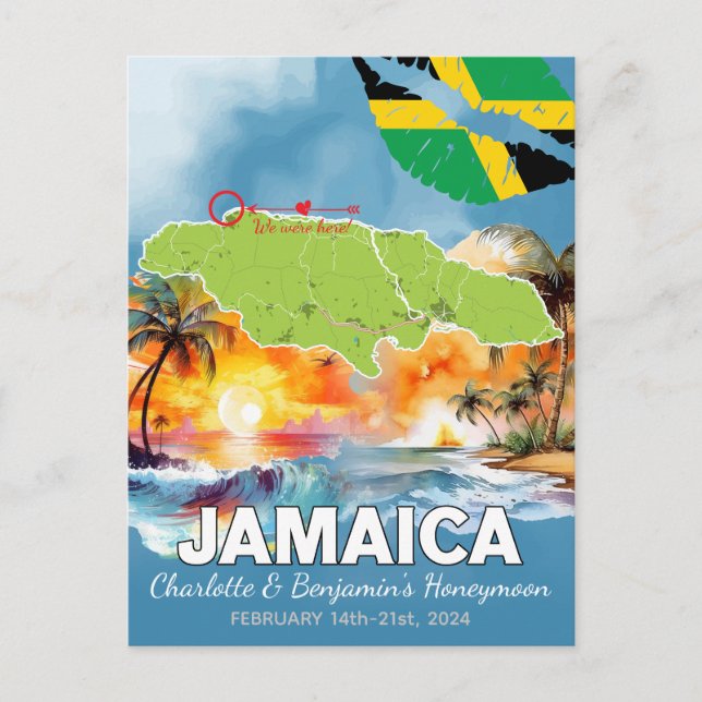 Cartão Postal Mapa da Ilha Jamaica para Férias Românticas de Lua (Frente)
