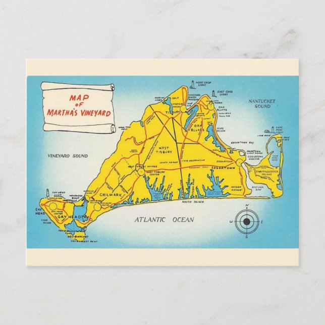 Cartão Postal Mapa da Ilha Martha's Vineyard  (Frente)