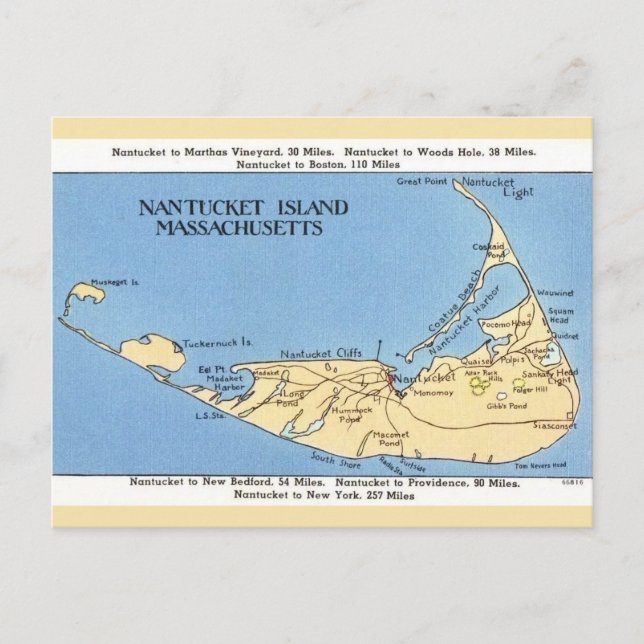 Cartão Postal Mapa da Ilha Nantucket  (Frente)