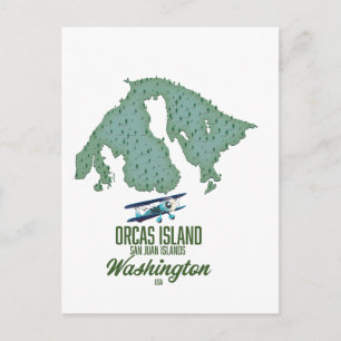 Cartão Postal Mapa da Ilha Orcas, Washington, EUA